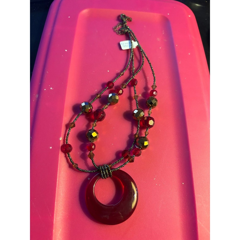 Red Pendant Necklace with Red and Gold Beads Lia Sophia Red Beaded Pendant